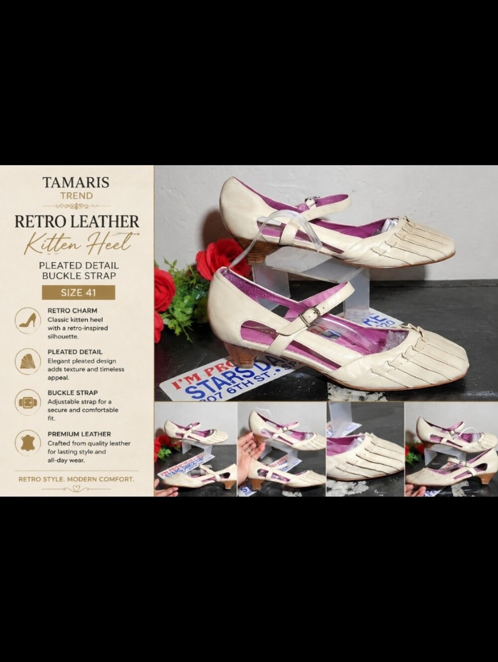 TAMARIS TREND Retro Leather Pleated Detail KittenvBuckle Strap Heel 41
